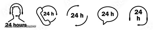 Conjunto de iconos de reloj de 24 horas. Servicio de atención al cliente las 24 horas. Siempre abierto. Agente de servicio. ilustración vectorial