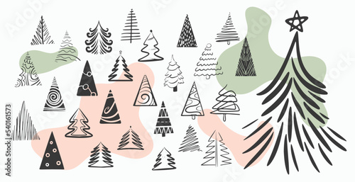 collection of christmas tree icons design in hand drawn style