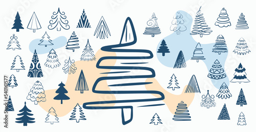 big set of christmas tree symbols in doodle style
