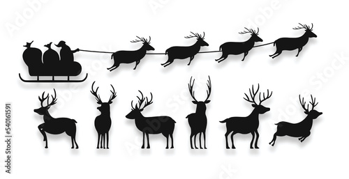 silhouette of santa claus flying on sleigh with reindeer design in set