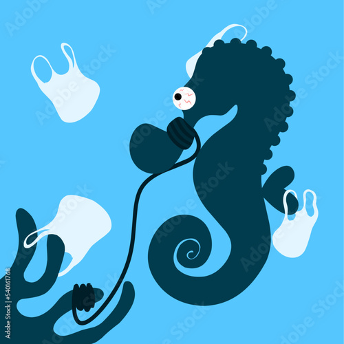 Silhouette of seahorse, stuck in rope and plastic bag. Plastic waste pollution in the sea. plastic waste, ropes, straws and bottles. Polluted sea background illustration.