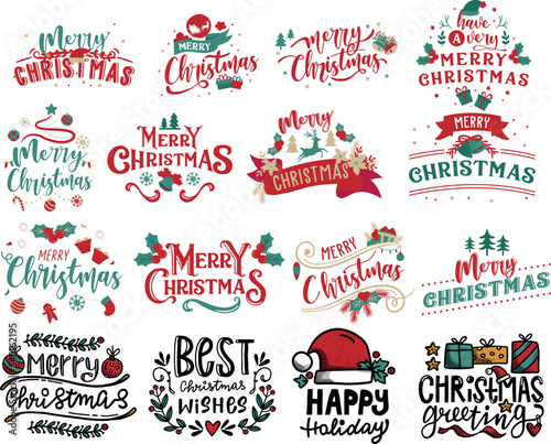 Merry Christmas. Happy New Year, 2022. Typography set. Vector logo, emblems, text design. Usable for banners, greeting cards, gifts etc.