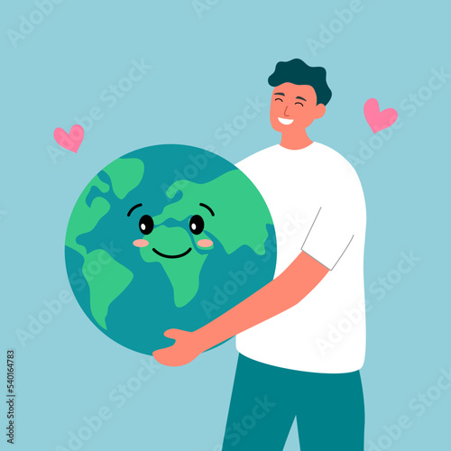 Man hugging earth planet with love in flat design. Earth day concept. Save the planet.