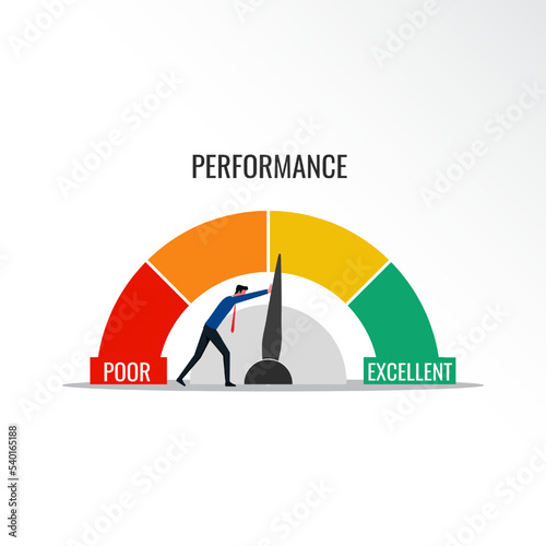 Performance indicator, performance appraisal improvements with a man pushes needle indicator to excellent