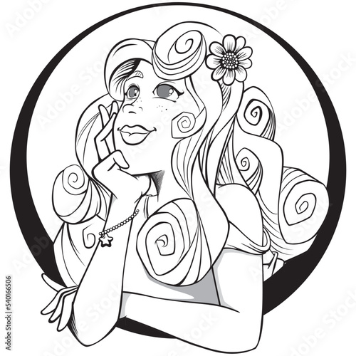 Illustration person beautiful woman black and white looking up daydreaming. Ideal for educational and training materials