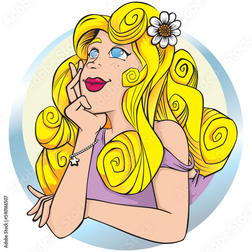 Illustration person beautiful blonde woman looking up daydreaming. Ideal for educational and training materials