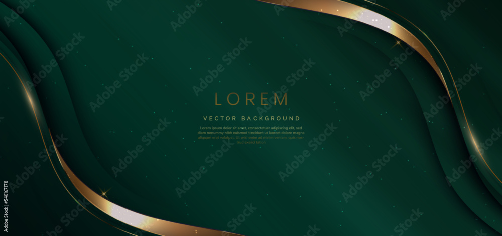 Luxury curve golden lines on dark green background with lighting effect ...