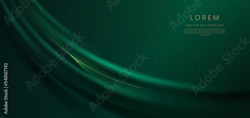 Abstact 3d luxury green curve with border golden curve lines elegant and lighting effect on green background.