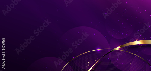 3D gold curved gold ribbon on purple background with lighting effect and space for text. Luxury design style.