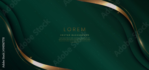 Luxury curve golden lines on dark green background with lighting effect and space for text. Luxury design style. Template premium award design.