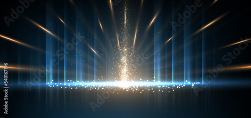 Luxury golden and light blue glowing lines with lighting effect sparkle on dark blue background.