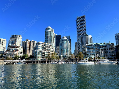Granville Island peninsula and shopping district in Fairview district of Vancouver BC across False Creek from downtown Vancouver under southern end of the Granville Street Bridge 09.2022 Canada © Oleksandra