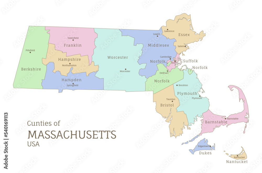 Counties of Massachusetts, administrative map of USA federal state. Highly detailed color map of American region with territory borders and counties names labeled realistic vector illustration