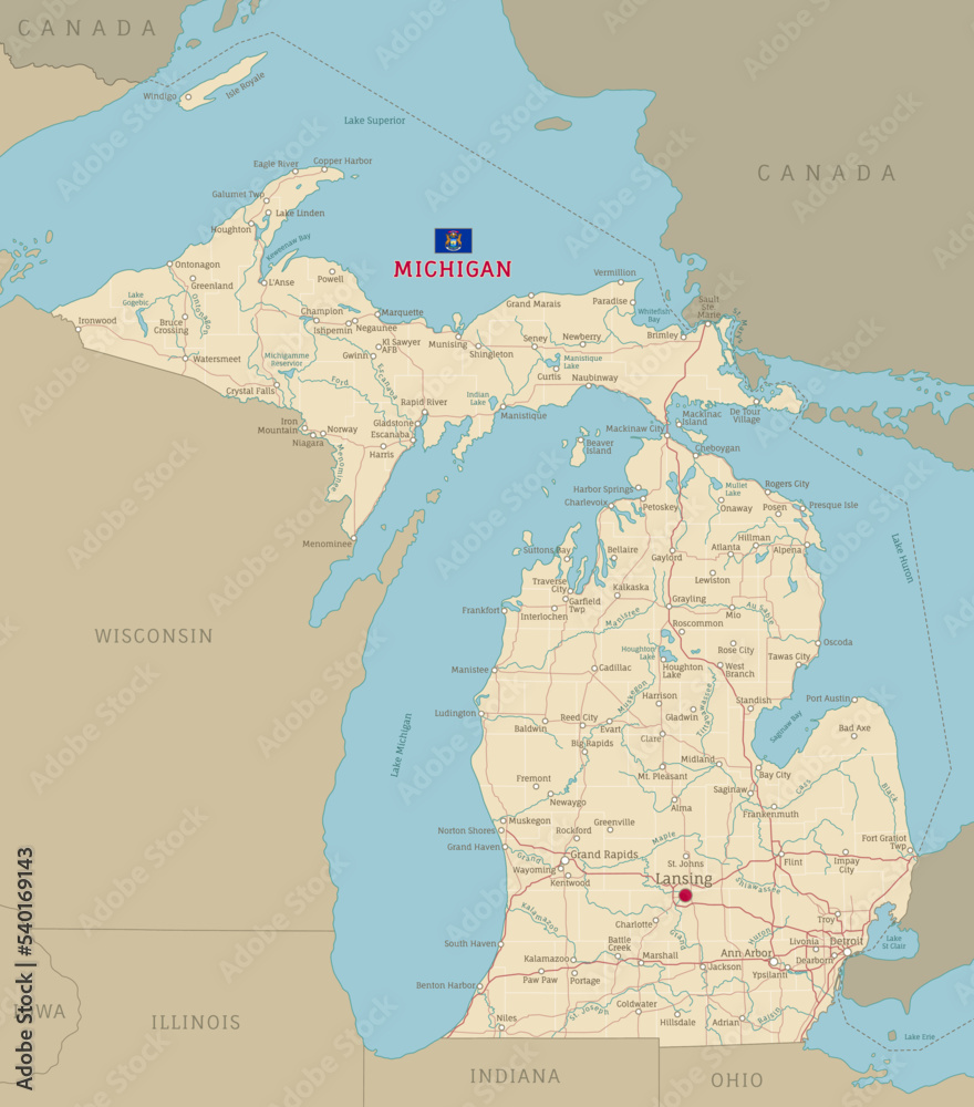 Road map of Michigan, US American federal state. Editable highly detailed transportation map of Michigan with highways and interstate roads, rivers and cities realistic vector illustration