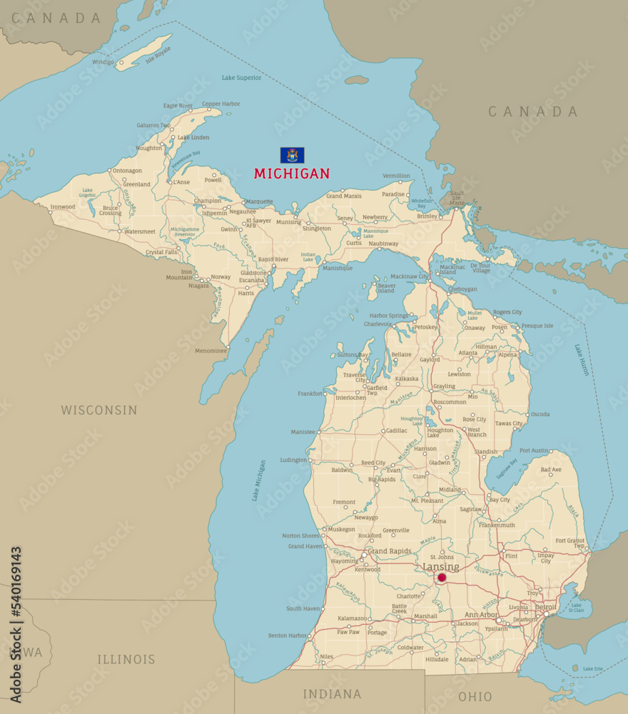 Road Map Of Michigan, Us American Federal State. Editable Highly 