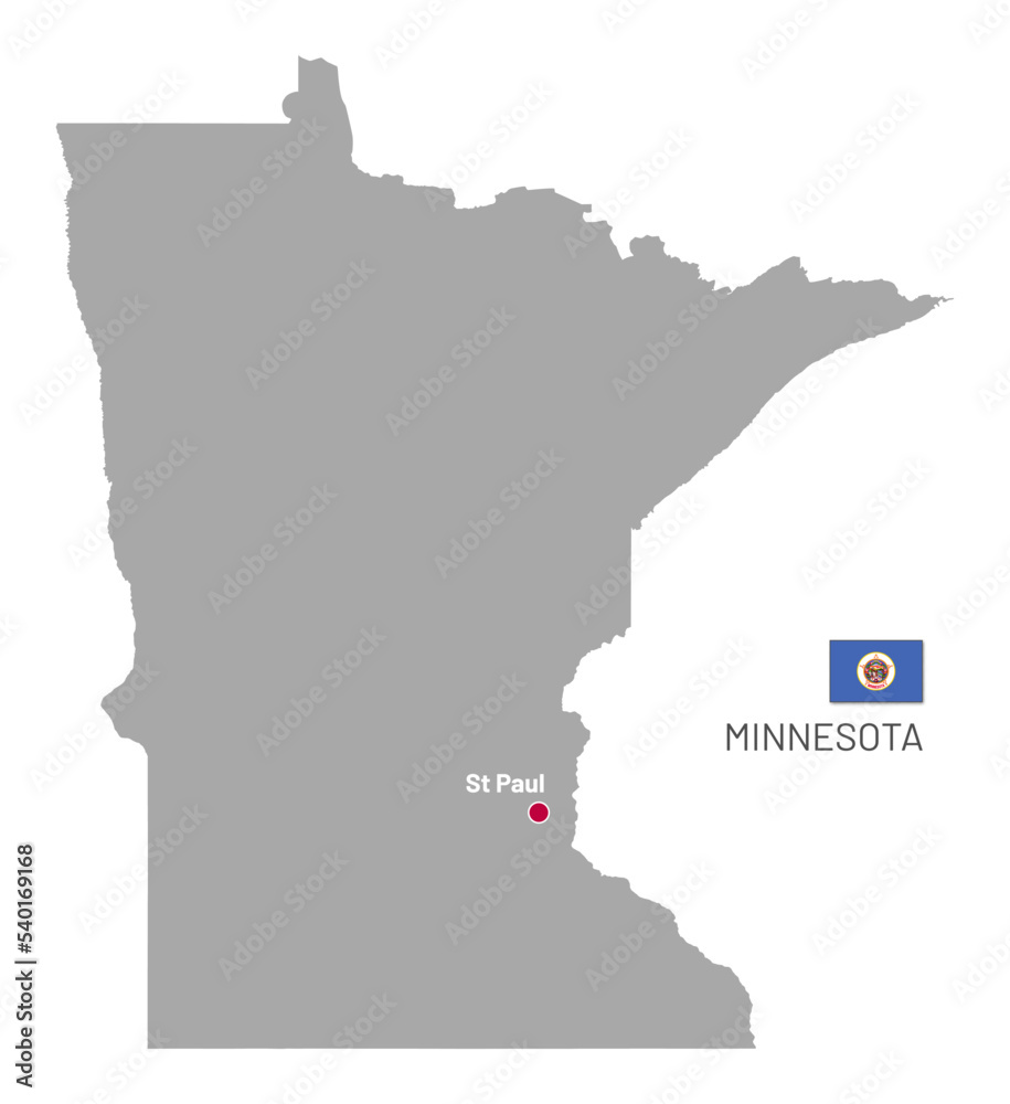Gray map of Minnesota, federal state of USA. Silhouette of Minnesota abstract outline editable map with borders, St Paul capital and flag of American state realistic vector illustration