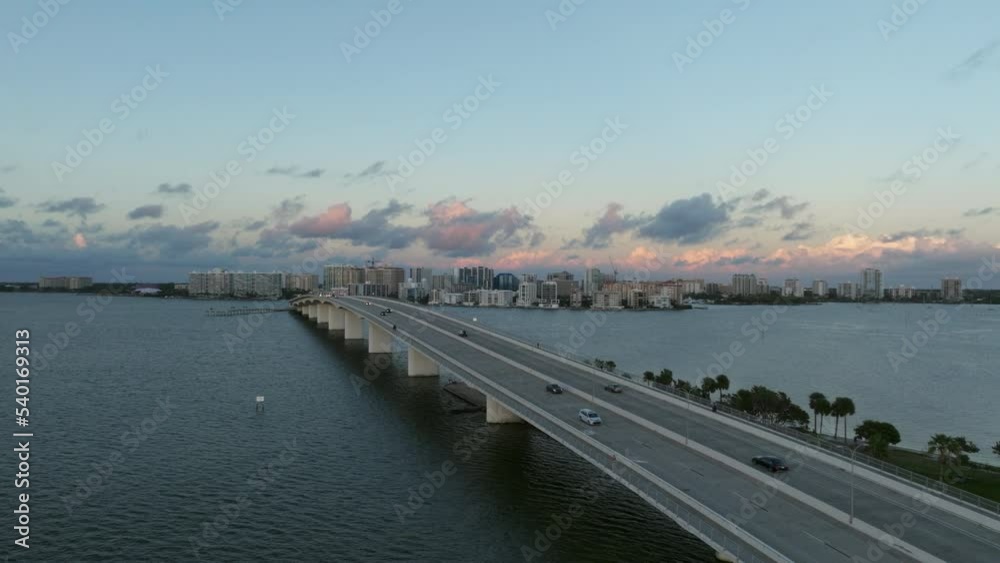 Flying over John Ringling Causeway to Sarasota at blue hour Flying over John Ringling Causeway to Sarasota at blue hour