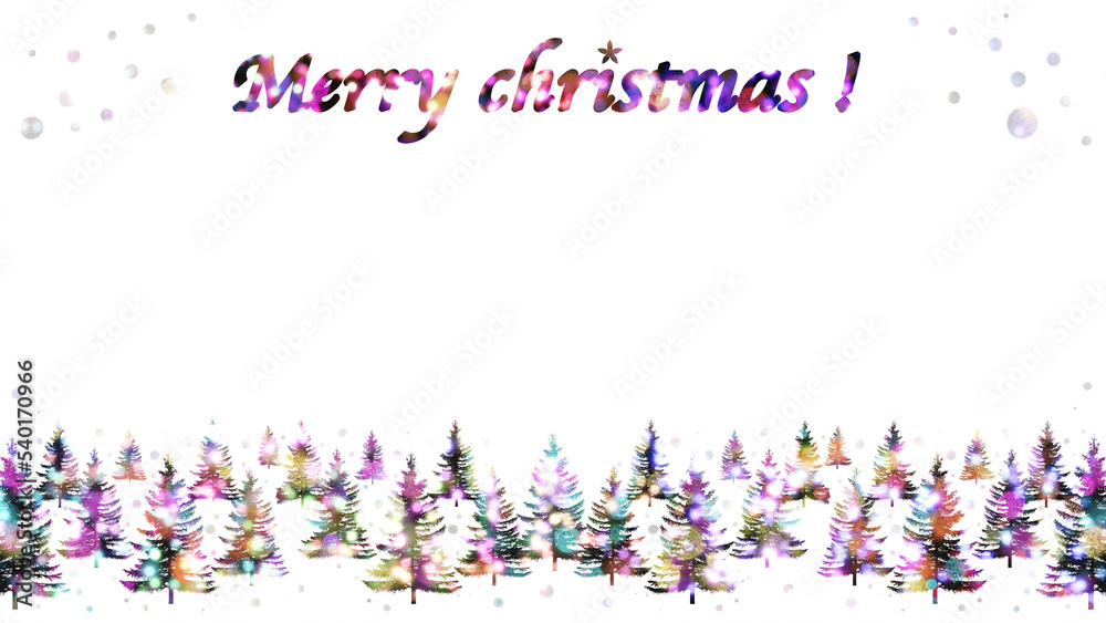 輝くイルミネーションのクリスマスツリーとメリークリスマス “ Merry Christmas ! ”の文字