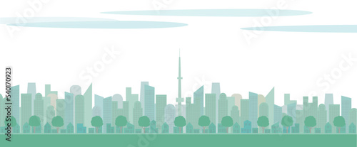 高層ビル群と住宅と街路樹のイラスト背景