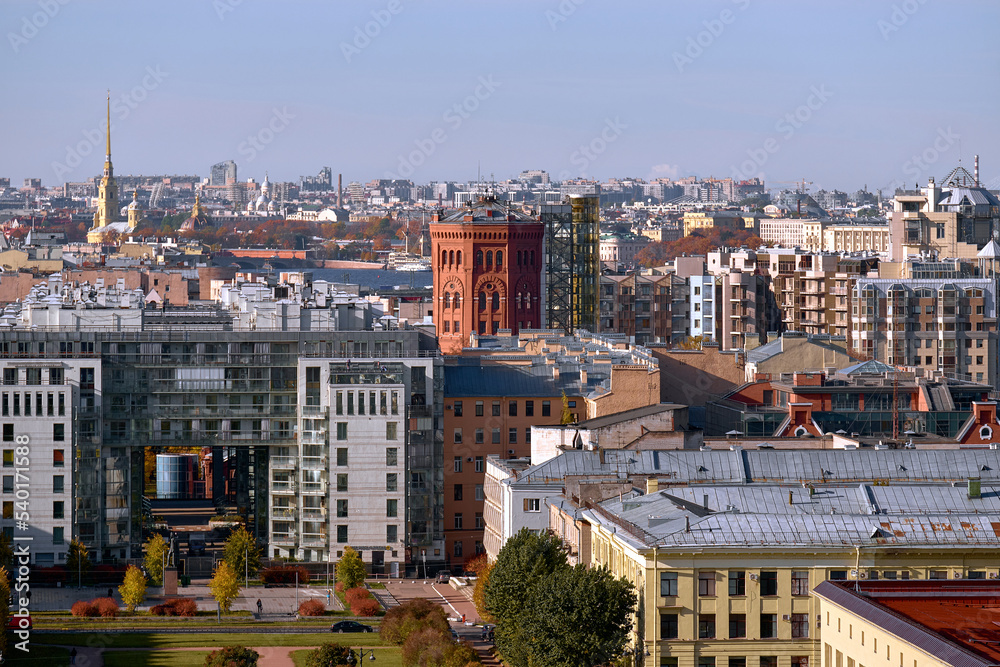 Beautiful European city in autumn time. The center of the old big city with residential buildings taken on a sunny autumn day.