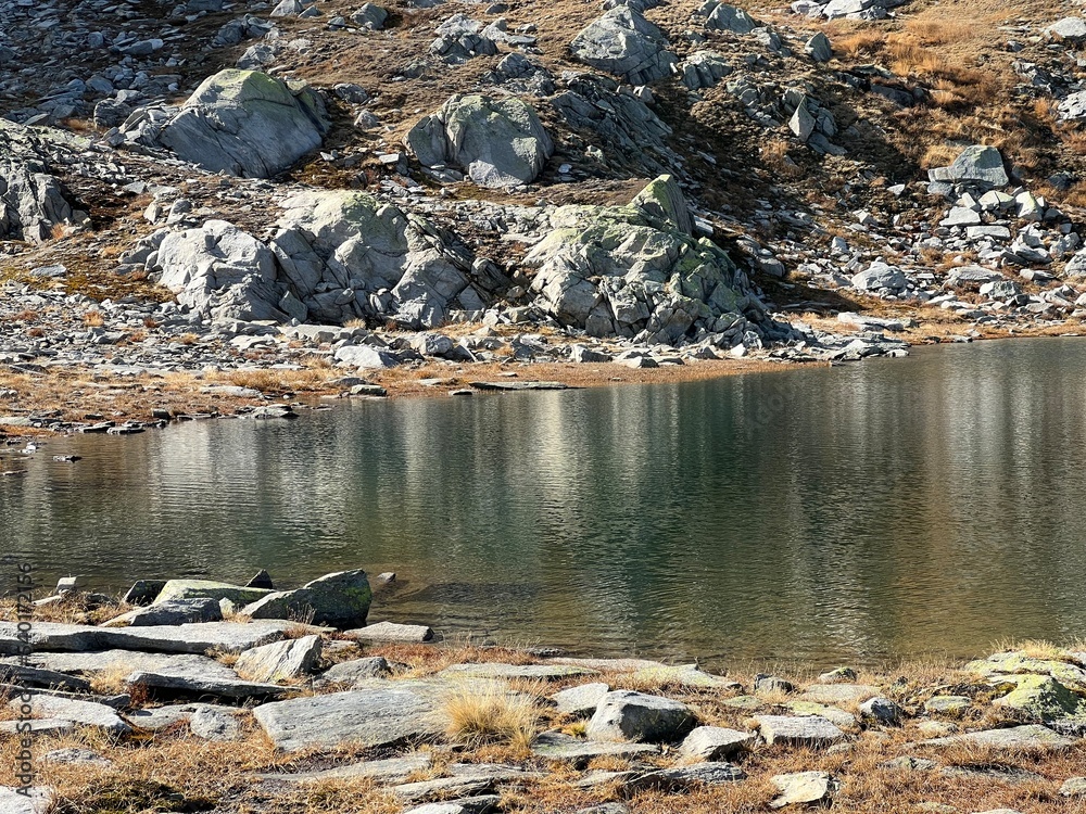 Early autumn on the alpine lakes Laghi della Valletta in the ...