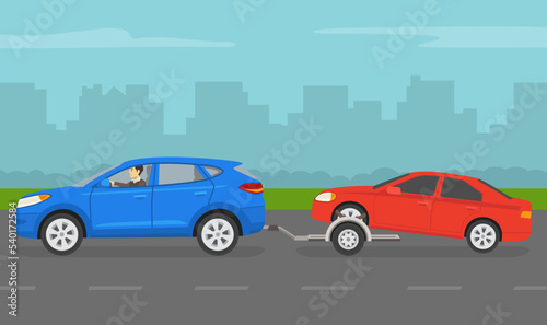 Fototapeta Naklejka Na Ścianę i Meble -  Driving a car. Towing a broken down car on a dolly trailer. Side view of a red sedan and blue suv car on a city road. Flat vector illustration template.