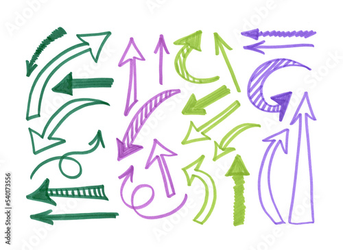 Large set doodle Arrows. Green, purple and violet Arrows on white background. Arrows elements for timeline, Infographic, catalog, background, website schedule notebook business planner