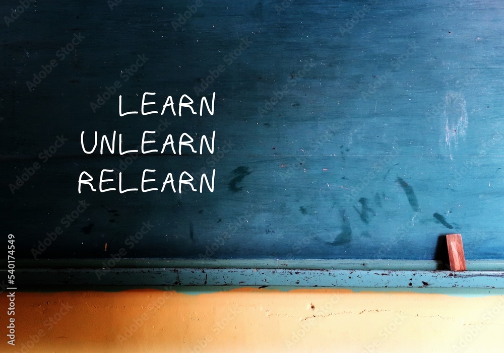 Naklejka premium Vintage school chalkboard with handwritten text Learn Unlearn Relearn - concept of knowing to discard learned outdated knowledge or skills or fake information and ready to relearn new ones