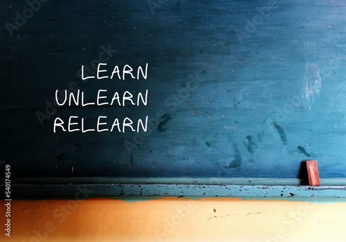 Vintage school chalkboard with handwritten text Learn Unlearn Relearn - concept of knowing to discard learned outdated knowledge or skills or fake information and ready to relearn new ones photo