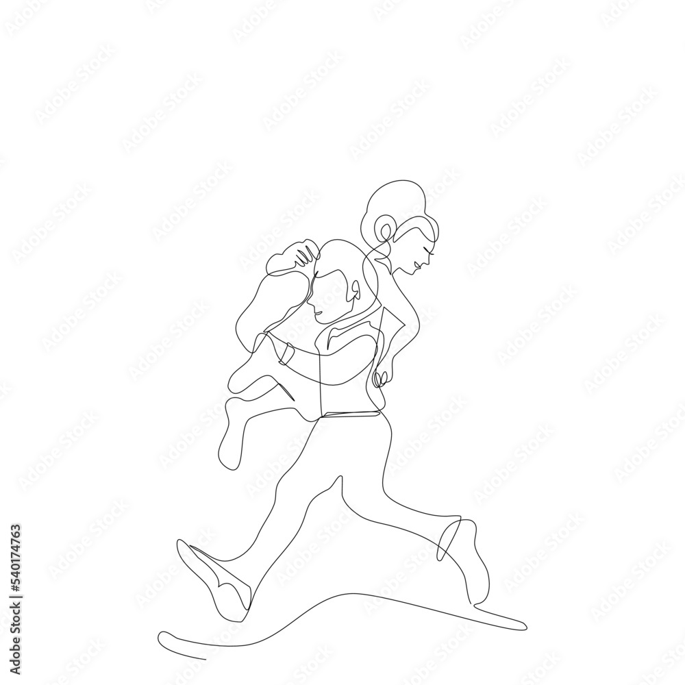 Side view of young groom holding bride on his shoulder running in single line drawing style.Romantic couple are smiling continue line.Vector illustration isolate flat design concept of Valentine’s Day