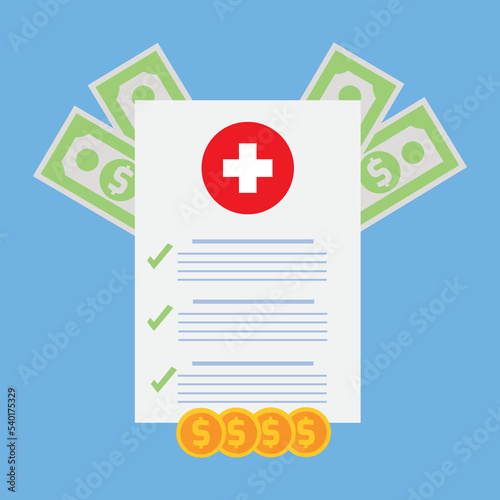 Medical document with money vector illustration, flat cartoon health insurance form with pile of money, idea of expensive medicine, healthcare spendings or expenses