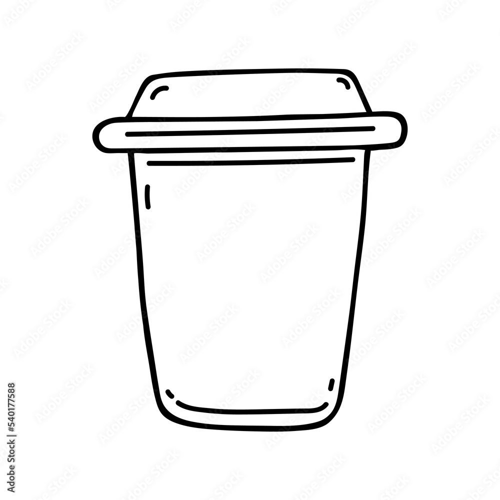 Paper cup vector icon. Eco-friendly container for coffee, tea, water. Hand drawn mug with cap. Hot drink to take away. Simple doodle, black outline. Illustration isolated on white for logo, web, print Paper cup vector icon. Eco-friendly container for coffee, tea, water. Hand drawn mug with cap. Hot drink to take away. Simple doodle, black outline. Illustration isolated on white for logo, web, print