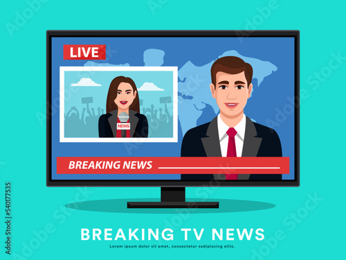 News reporter, News Anchor on TV Breaking News background. vector illustration in flat design. Angry rights protest, activists with placards, manifestation, men, and women. People hold banners.