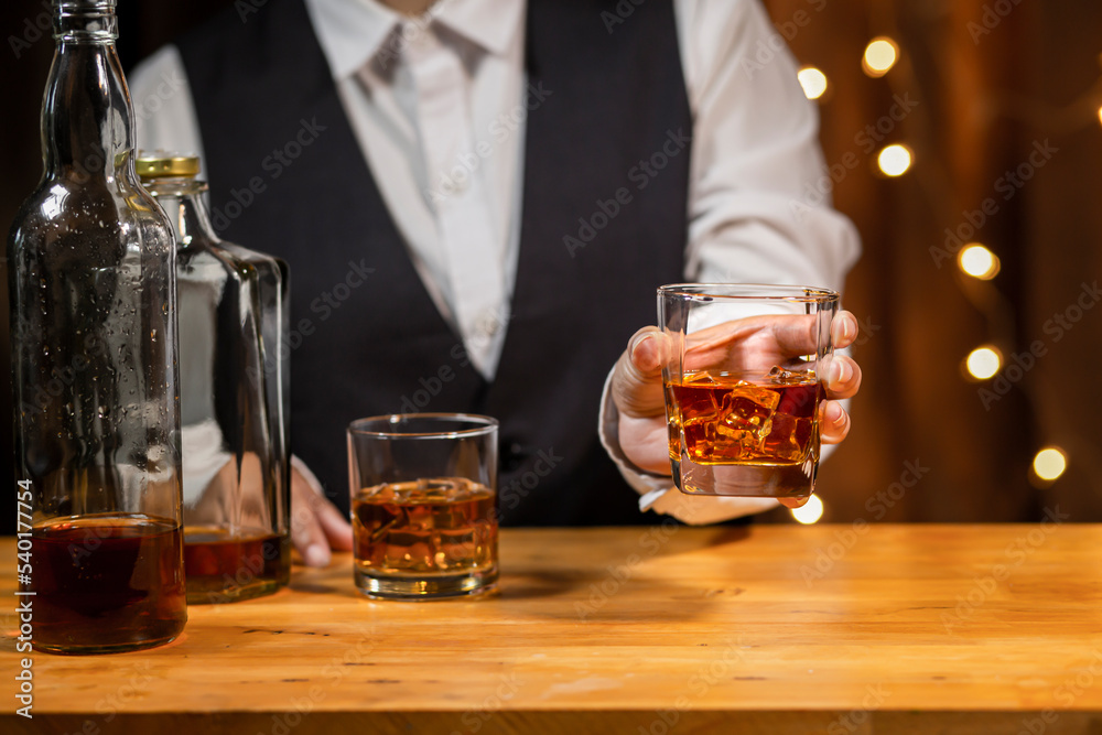 Bartender Serve Whiskey, on wood bar, Bartender Serve Whiskey, on wood bar,