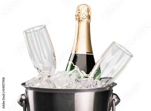 Bottle of Champagne and Flutes in Ice Bucket