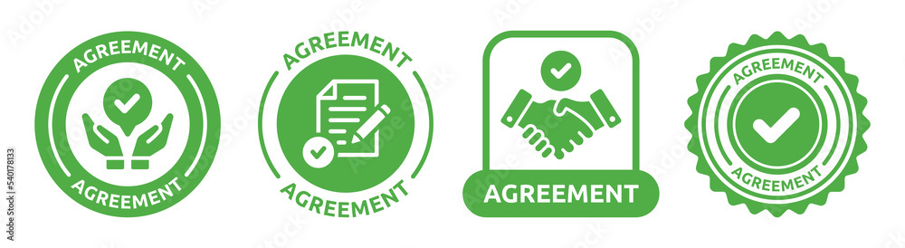 Agreement label icon set. Business contract sign collection. Agreement label icon set. Business contract sign collection.