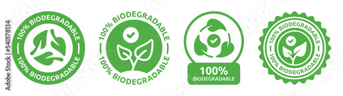 100% biodegradable icon sign. Biodegradable label sticker badge collection. photo