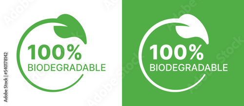 100% Biodegradable icon set. Compostable, recyclable, eco-friendly, sustainability concept. Vector illustration. photo