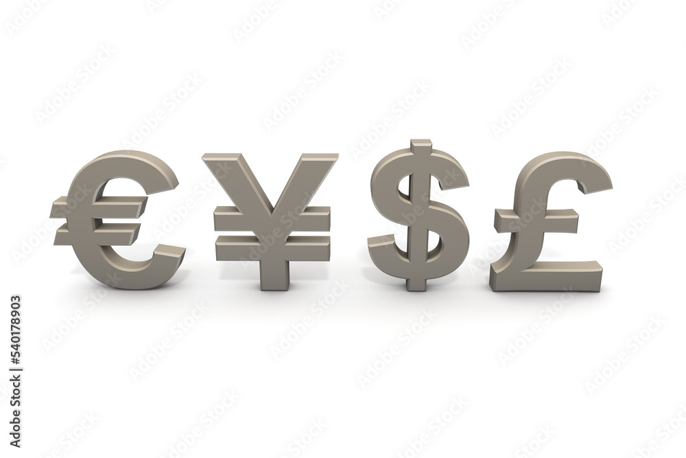 Fototapeta premium ドル・円・ユーロ・ポンドの立体文字。＄・￥・€・£の為替相場のイラスト。