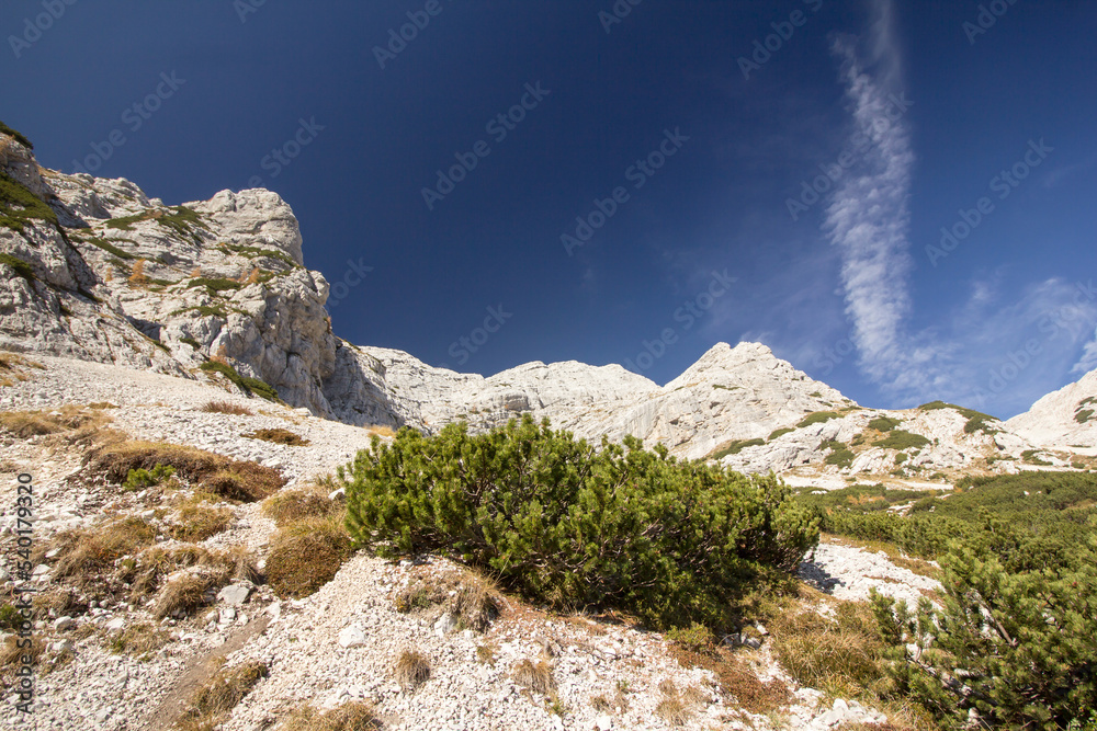 Julian Alps Slovenia, peak Mala Mojstrovka 2332 m, autumn hiking over beautiful hiking trails in Triglav Julijske Alpe Julian Alps Slovenia, peak Mala Mojstrovka 2332 m, autumn hiking over beautiful hiking trails in Triglav Julijske Alpe