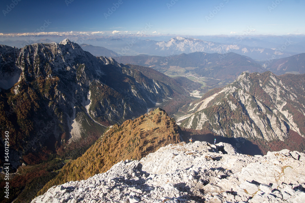 Julian Alps Slovenia, peak Mala Mojstrovka 2332 m, autumn hiking over beautiful hiking trails in Triglav Julijske Alpe