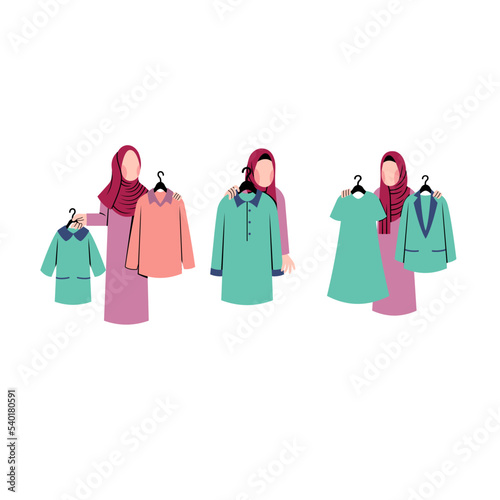 Set of Hijab Woman Character Selling Clothes