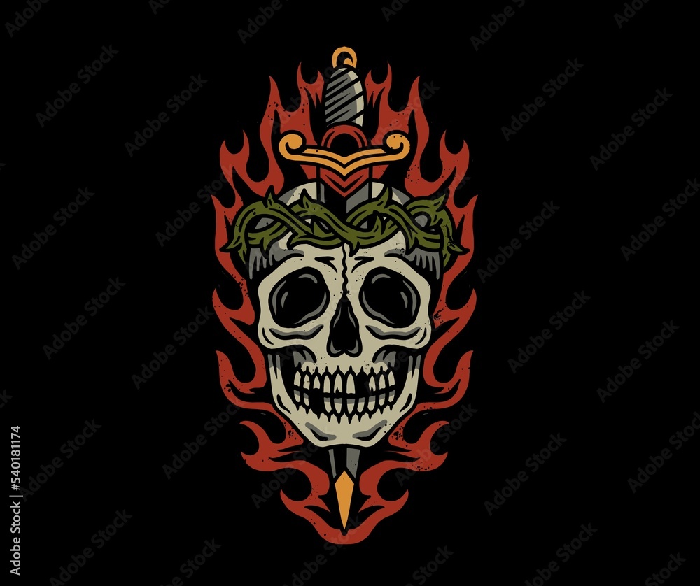 Old school traditional tattoo inspired cool graphic design illustration  human skull head with crown of thorns fire and a dagger for merchandise t  shirts stickers wallpapers decoration tattoo Stock Illustration | Adobe