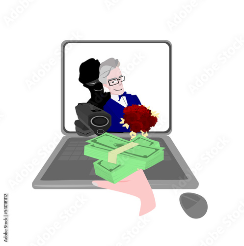 Vector Man holding a bouquet of roses and a shadow holding a gun behind him.illustration romance scammer   and computer on isolate white background.Online crime and deception concept.