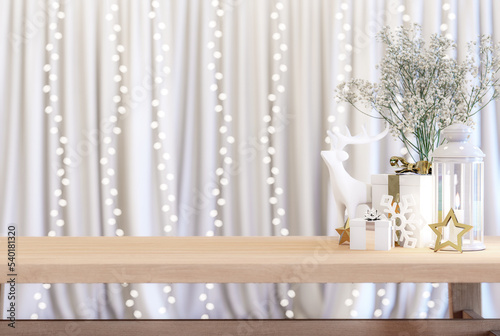 Top wooden table decorated with white and gold christmas object 3d render with blurry curtain and decorative light background