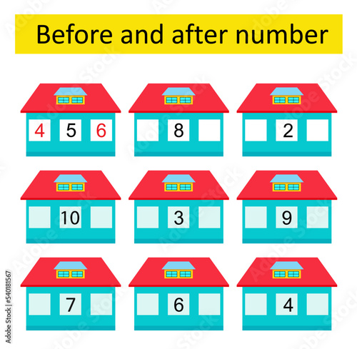 Math activity for kids. Before and after number. Developing numeracy skills. Number range up to 10. Vector illustration