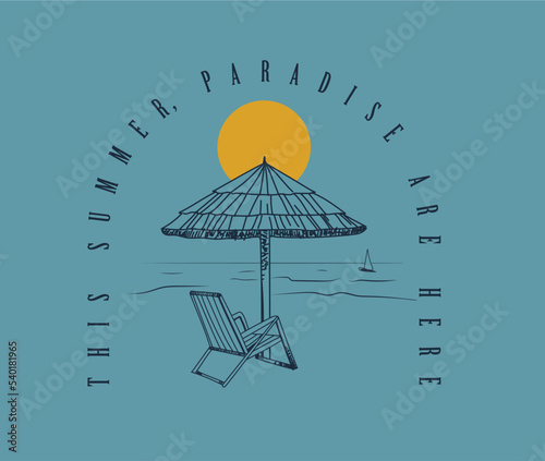 beach chair and umbrella illustration with typography for summer print design 