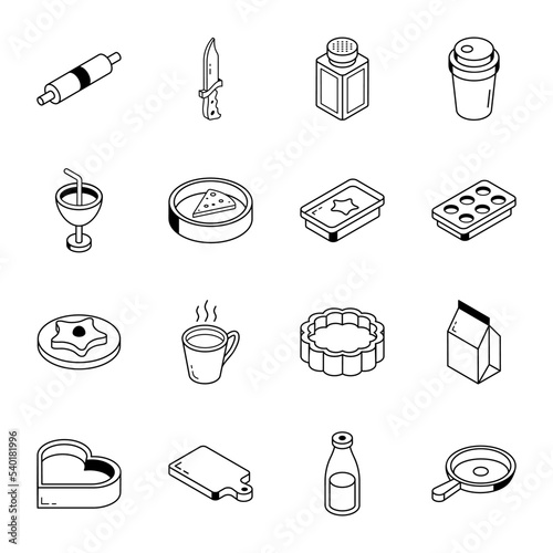 Set of Bakery Food Outline Isometric Icons 

