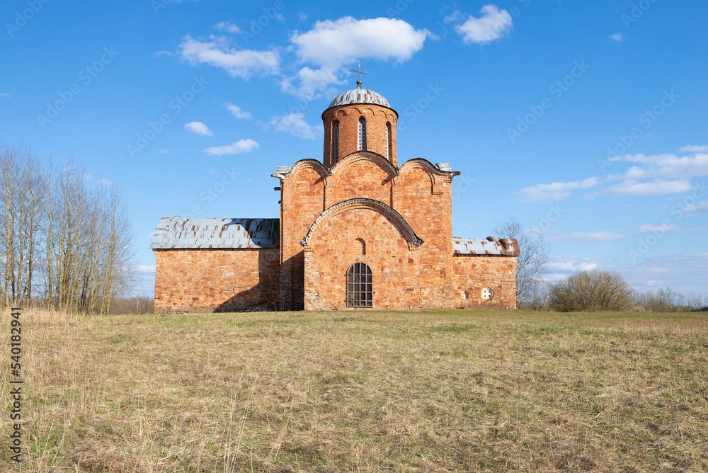 View of the ancient Church of the Savior on Kovalevo on a sunny April day. Neighborhood of Veliky Novgorod, Russia