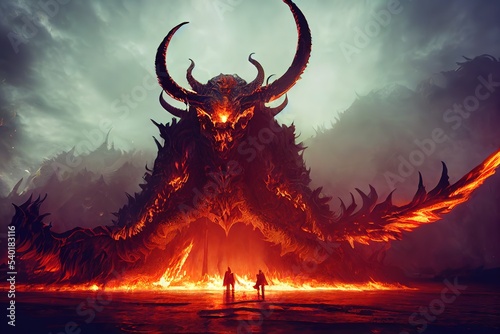 Fotobehang Giant fire demon with horns and wings, fantasy demon illustration